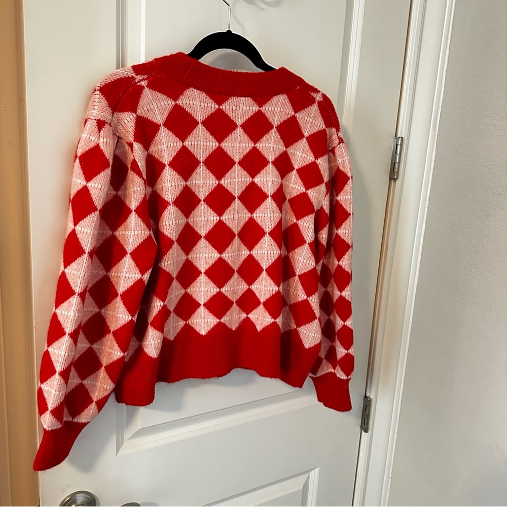 Monki Red And Light Pink Argyle Pattern Cardigan - image 7